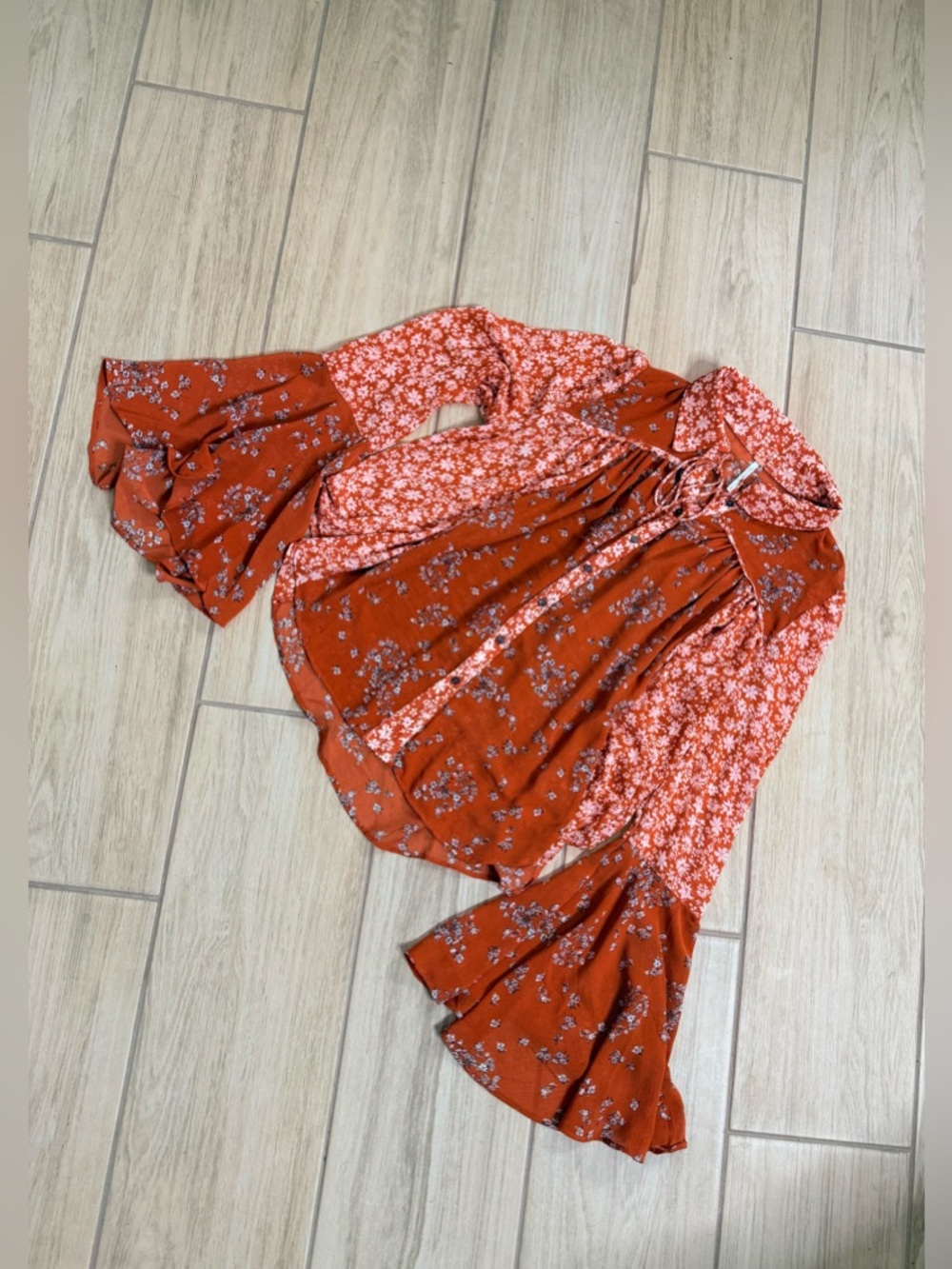 Free People Serena Printed Blouse Size S Rust Combo Floral BellSleeve Sheer Boho